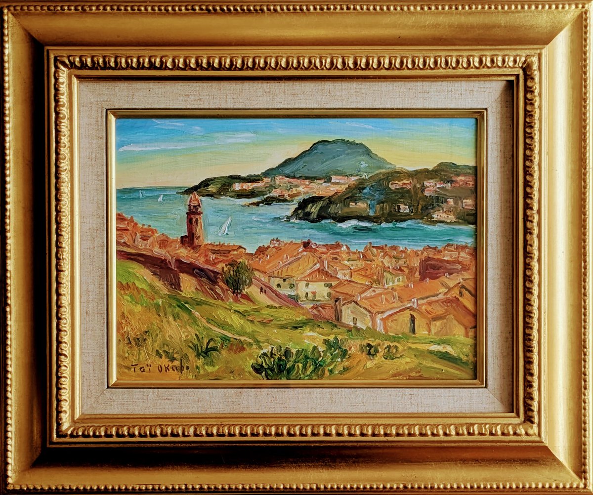 高級額付き油画 大久保泰 油彩画 「コリウール展望（南仏）」 高級額装・自筆裏書