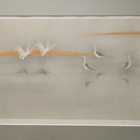 上村淳之　版画（リトグラフ）　「月の水辺」　作家保存版　自筆サイン　高級額装