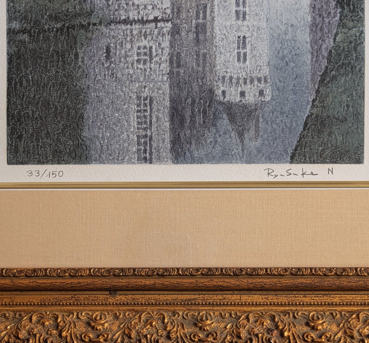 西村龍介 版画（リトグラフ） 「朝の城」 豪華・高級額装 自筆サイン