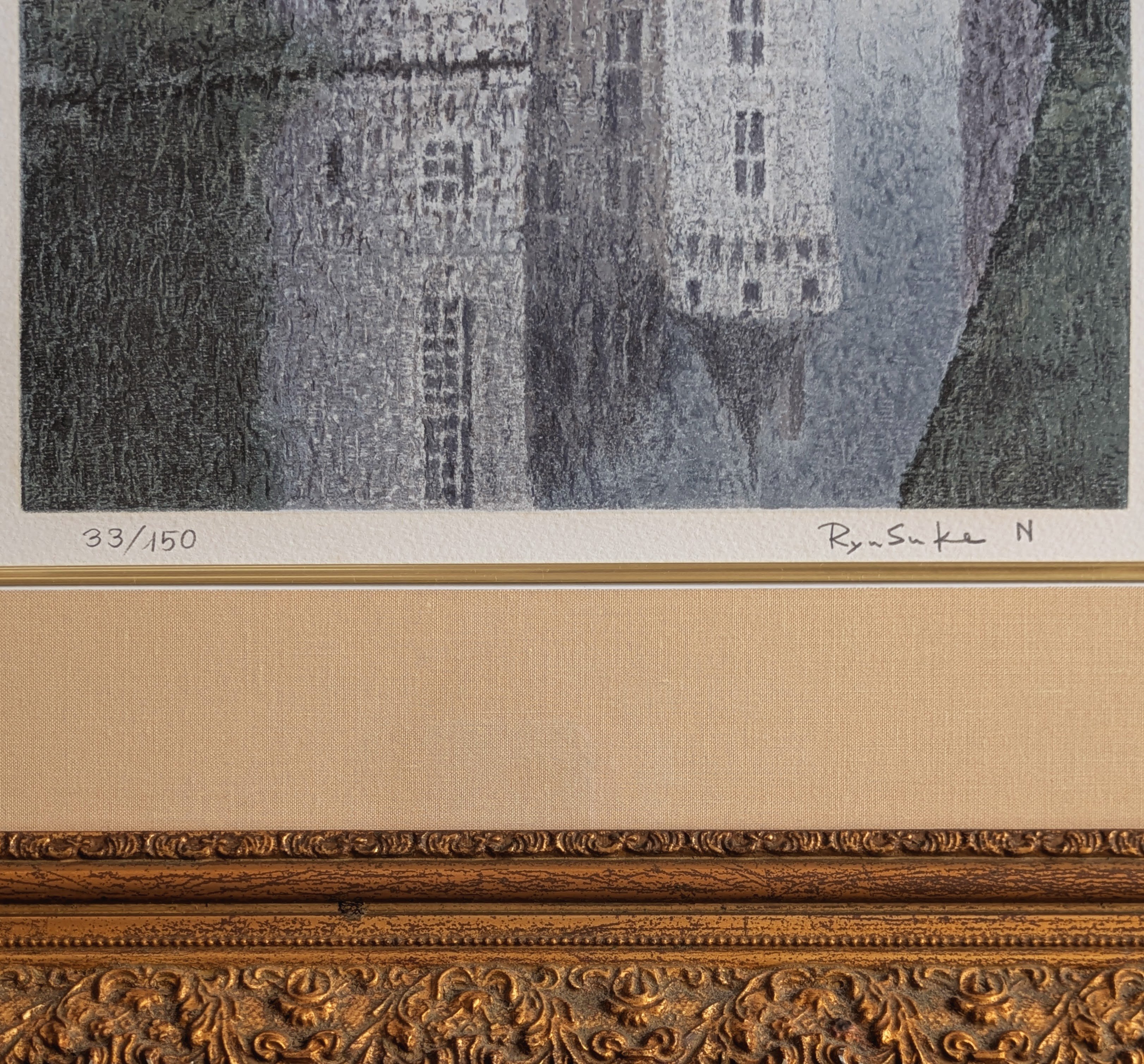 西村龍介 版画（リトグラフ） 「朝の城」 豪華・高級額装 自筆サイン