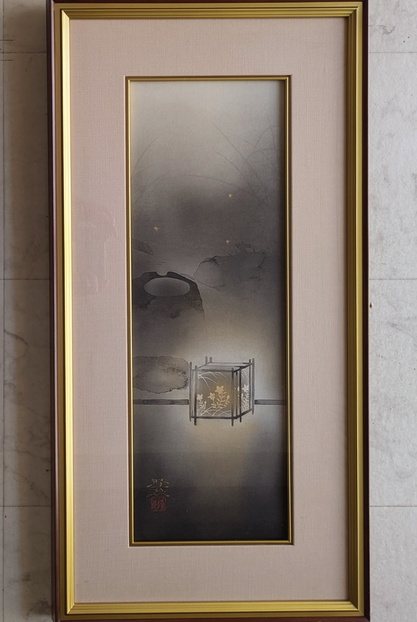 佐藤隆良 日本画（水墨・金泥） 「秋夜」 注文高級額装(美品） 落款
