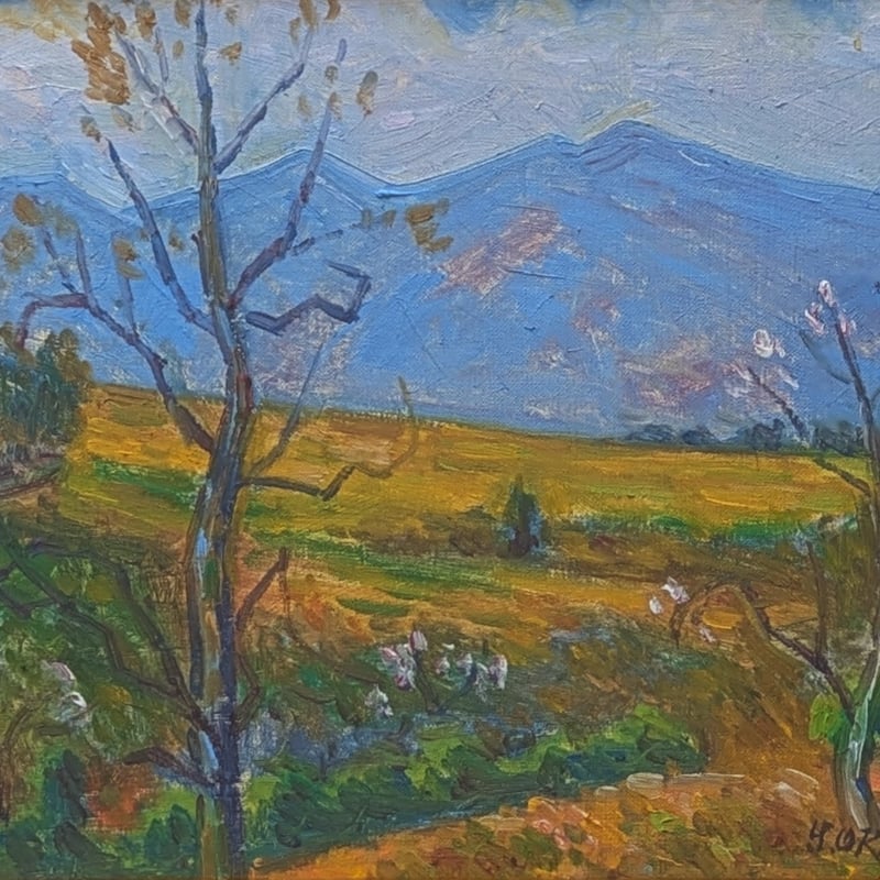 大久保作次郎 油彩画 「春の丘」 豪華・高級額装 共シール | ASE