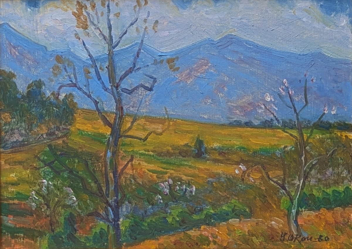 大久保作次郎 油彩画 「春の丘」 豪華・高級額装 共シール | ASE