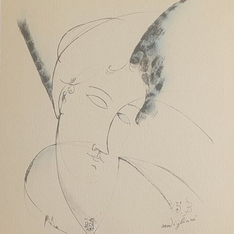 モディリアニ　版画（リトグラフ）　「ペアドレスの肖像」　限定版・額装品
