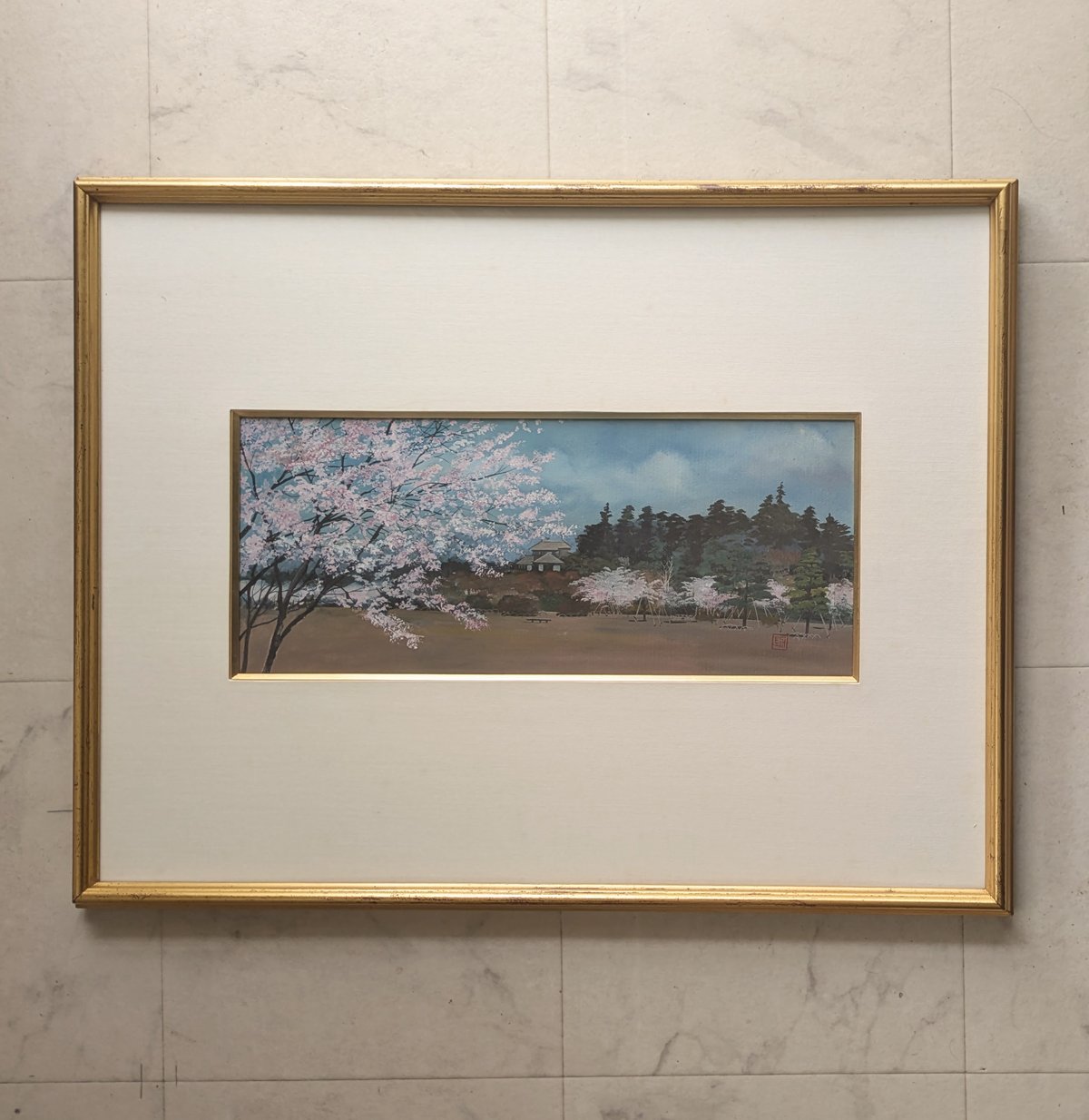 浜田泰介 水彩画 「偕楽園の春」 変形水彩画額装 平成7年作 共