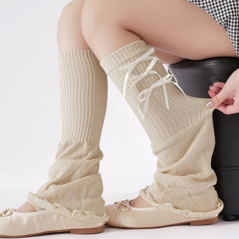 ラパフェ　リボン付きホワイトレッグウォーマー　難あり レッグウォーマー リボン付き レッグカバー (SK-0701) | YRKSHOP