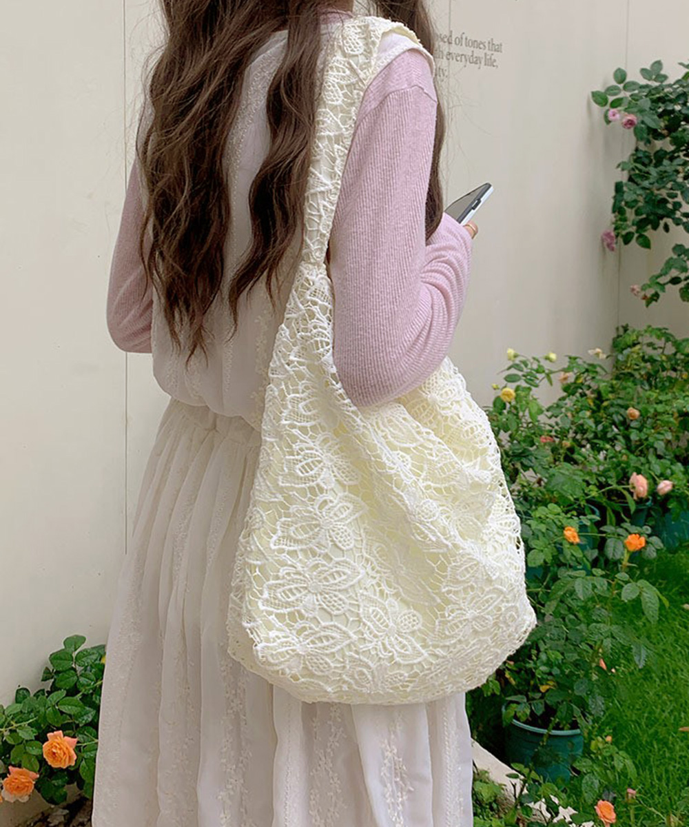 トートバッグ 大容量 レースバッグ 花柄 アイボリー (SK-0318) | YRKSHOP