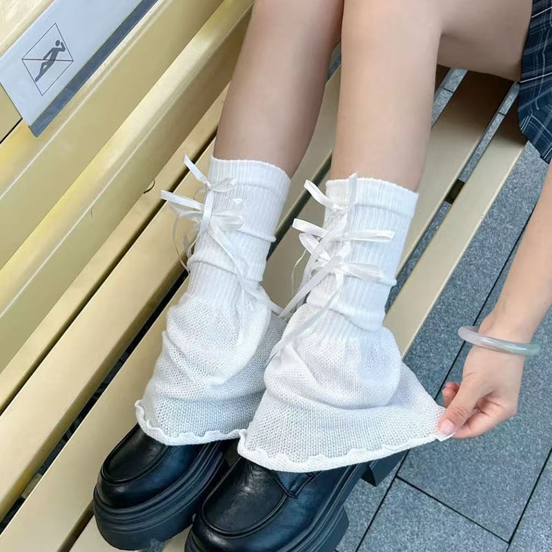 ラパフェ　リボン付きホワイトレッグウォーマー　難あり レッグウォーマー リボン付き レッグカバー (SK-0701) | YRKSHOP