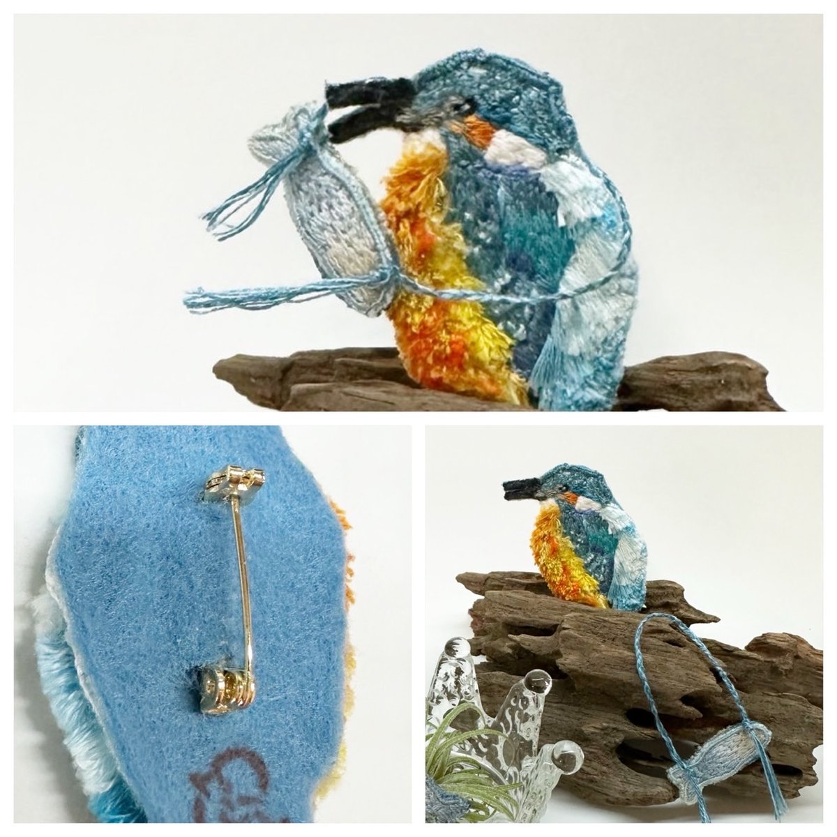 野鳥の立体刺繍ブローチ】（カワセミ|おさかなポシェット） | Tucreer