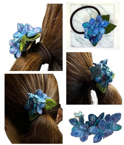 新作 あじさい入り ダークブルー ハートヘアゴム 草花の立体刺繍ヘアゴム】（あじさい） | Tucreer-つくりえ-