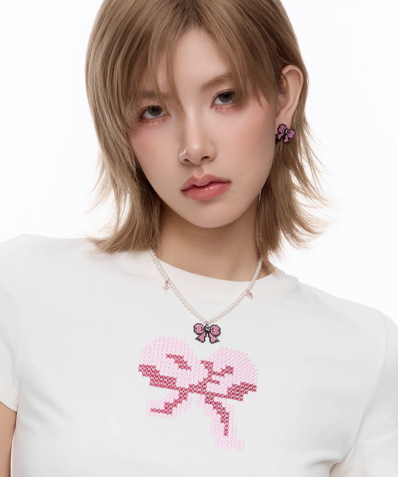 Pixel ribbon pearl necklace | NOVER