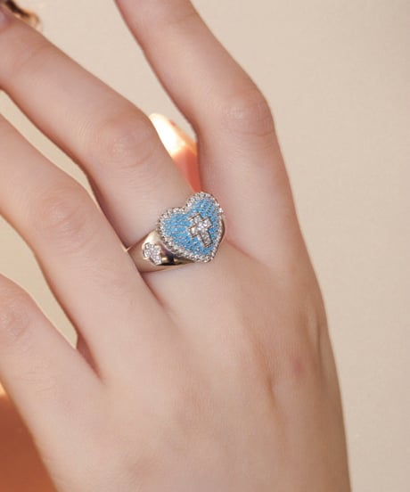 Azure cross heart ring