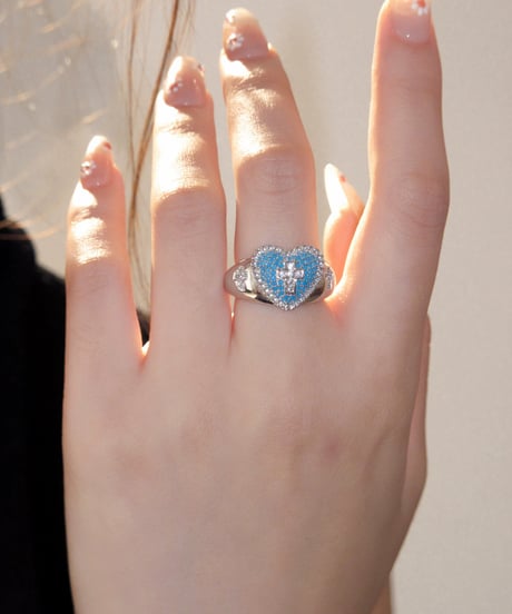 Azure cross heart ring