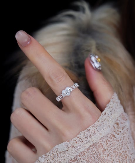Silver heart ribbon ring