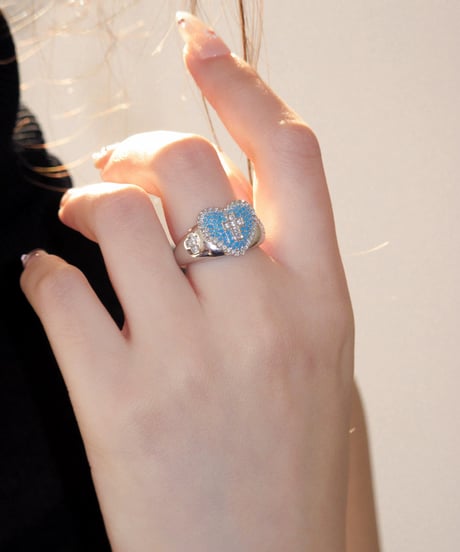 Azure cross heart ring