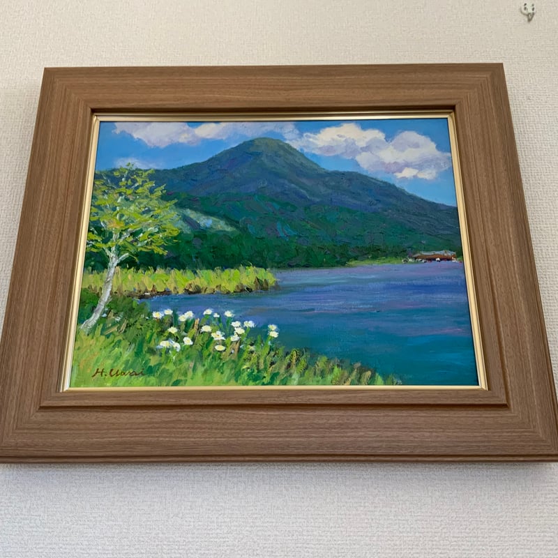 井上覚造 「湖畔」油彩画　10号 女神湖畔からの蓼科山 油彩画 額込み | 上井彦之介アート