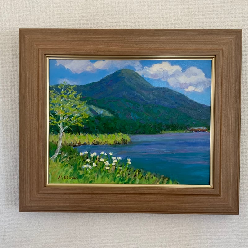 女神湖畔からの蓼科山 油彩画 額込み | 上井彦之介アート