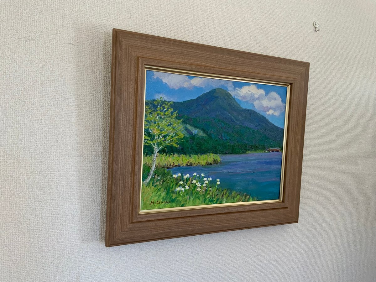 女神湖畔からの蓼科山 油彩画 額込み | 上井彦之介アート