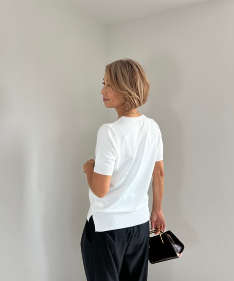 Vネック半袖ニットトップス【 Brown/White/Black 全3色 】