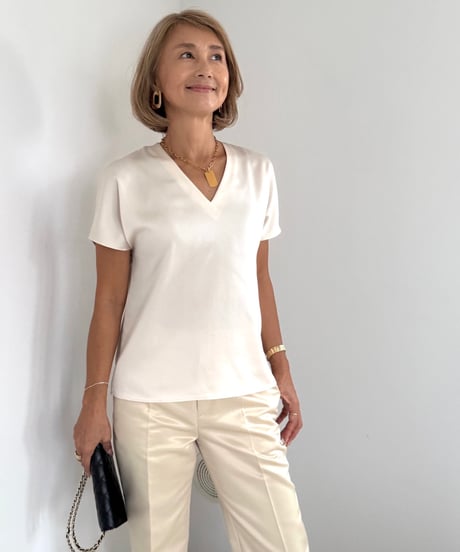 上品シルキートップス【Ivory/Brown 全２色】