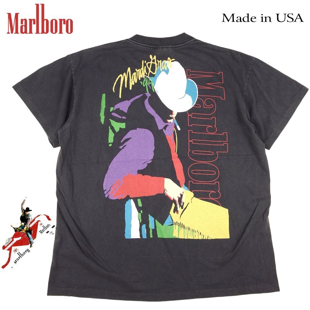 Marlboro マールボロ Tシャツ ブラック ポケ付き cowboy Mardi Gras