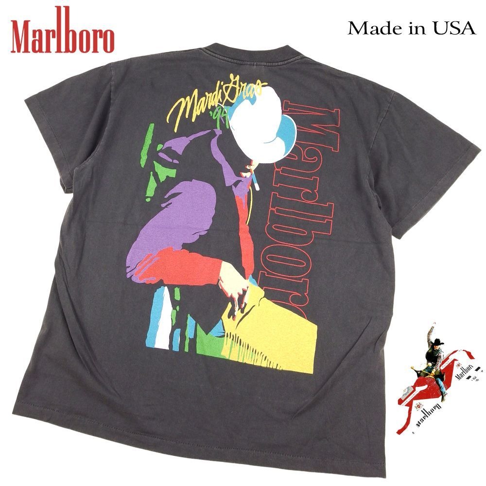 Marlboro マールボロ Tシャツ ブラック ポケ付き cowboy Mardi Gras