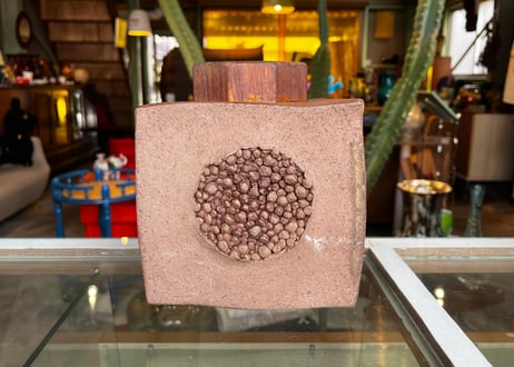Vintage Ceramic Art Vase / Geometric Cube & Wood Part / Signed: "Zen" (善)