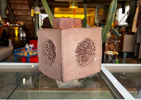 Vintage Ceramic Art Vase / Geometric Cube & Wood Part / Signed: "Zen" (善)