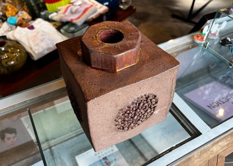 Vintage Ceramic Art Vase / Geometric Cube & Wood Part / Signed: "Zen" (善)
