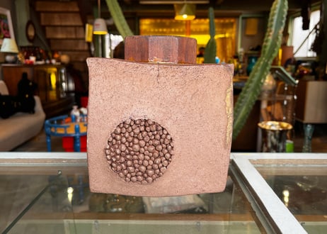 Vintage Ceramic Art Vase / Geometric Cube & Wood Part / Signed: "Zen" (善)