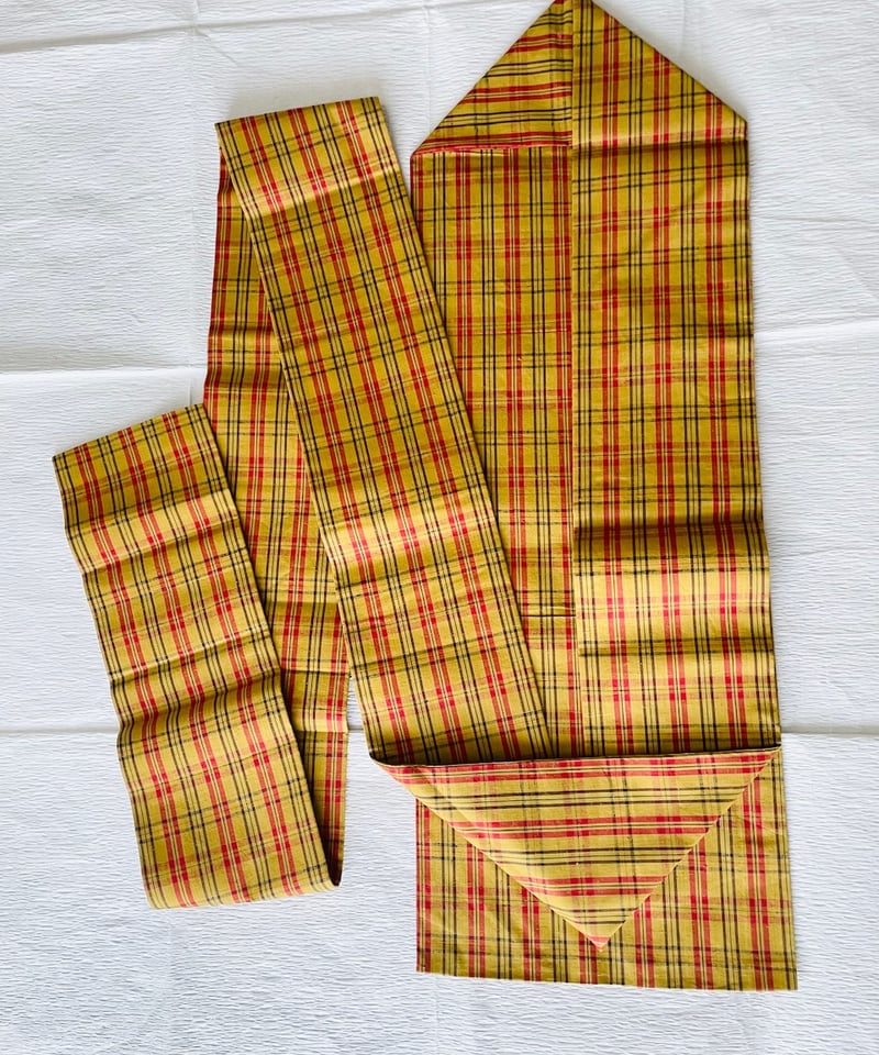 美品】正絹 名古屋帯 節紬 格子紋様 チェック柄 黄色 紬 | ginyoudo