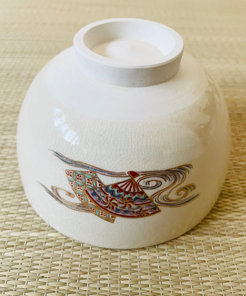 京焼　扇子絵蓋物　五客　総手描き　料理屋　梅に鶯　お洒落な器　アンティーク 在銘】原平窯 京焼 色絵 茶箱用陶器三点セット 扇面に流水吉祥文様
