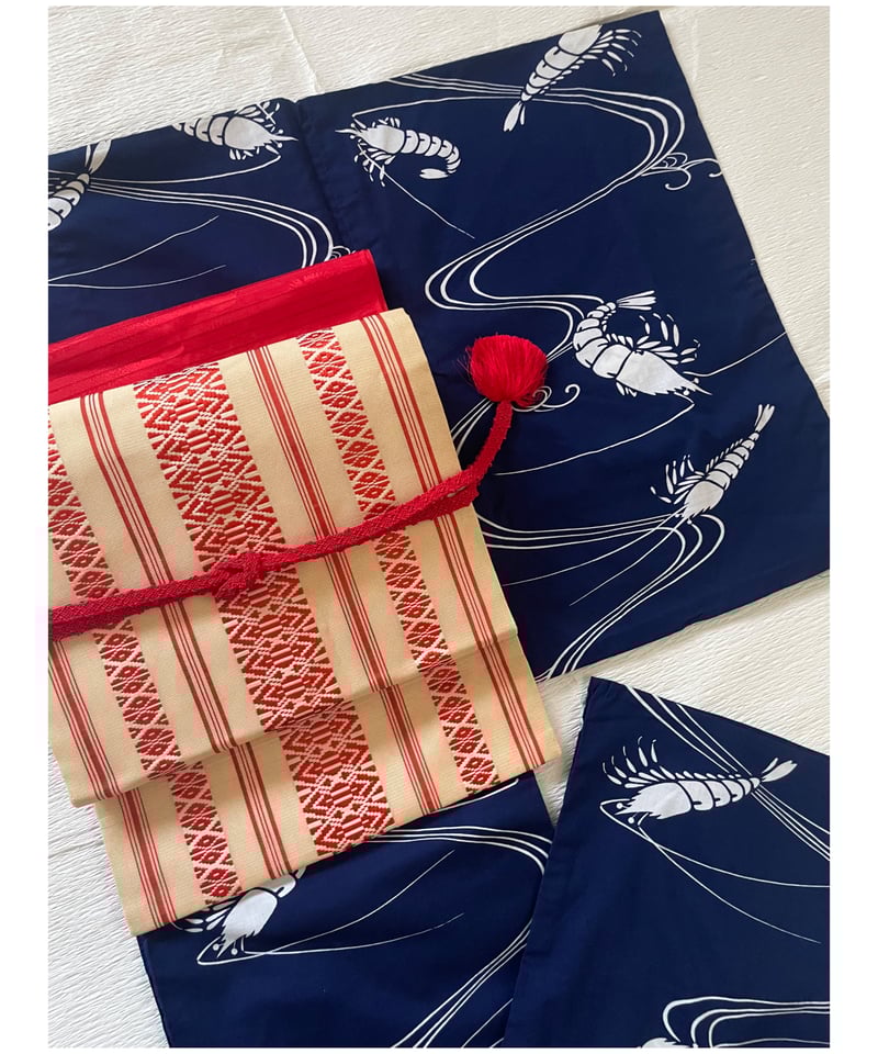 美品 希少柄】本染 海老流水文様 綿コーマ 浴衣 紺 | ginyoudo