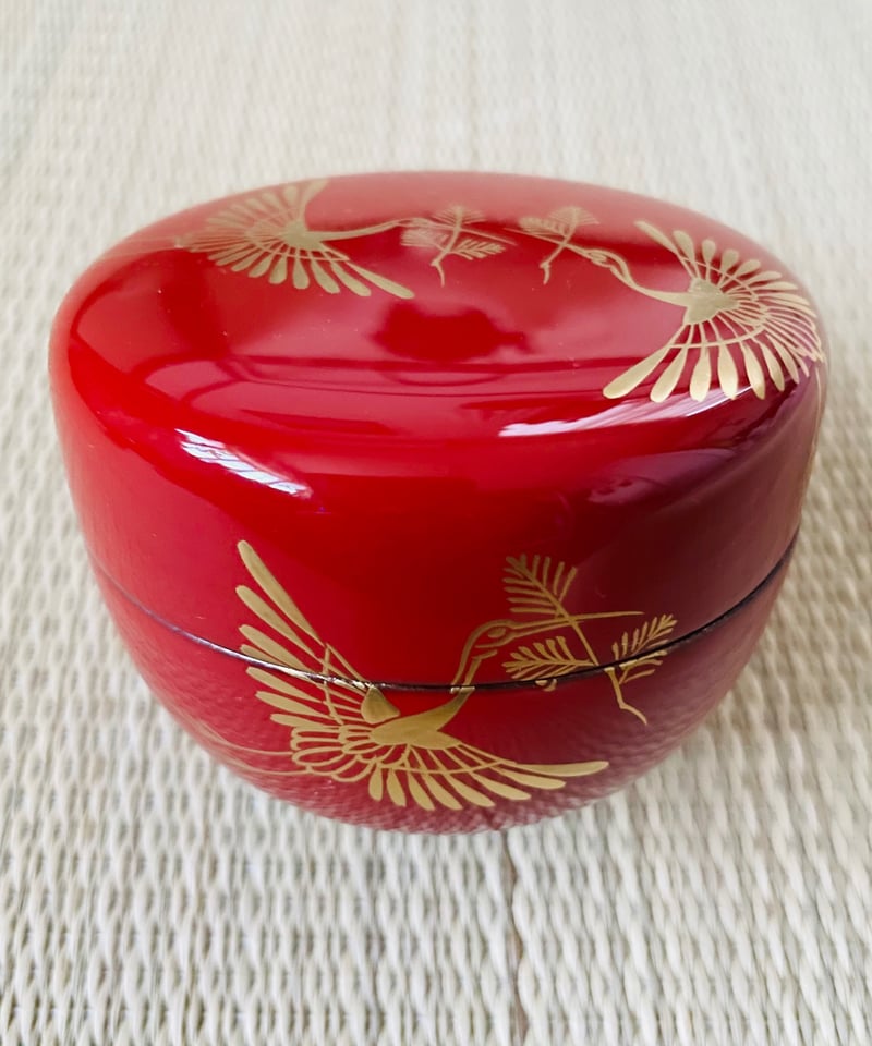 美品 桐箱付】峯清造 松喰鶴 大平棗 平棗 朱赤 | ginyoudo