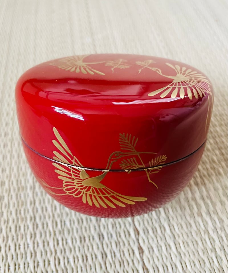 美品 桐箱付】峯清造 松喰鶴 大平棗 平棗 朱赤 | ginyoudo