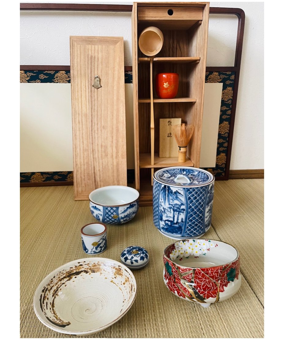 未使用保管品】短冊箱セット （未使用 清水焼在銘茶碗二種、水指建水蓋