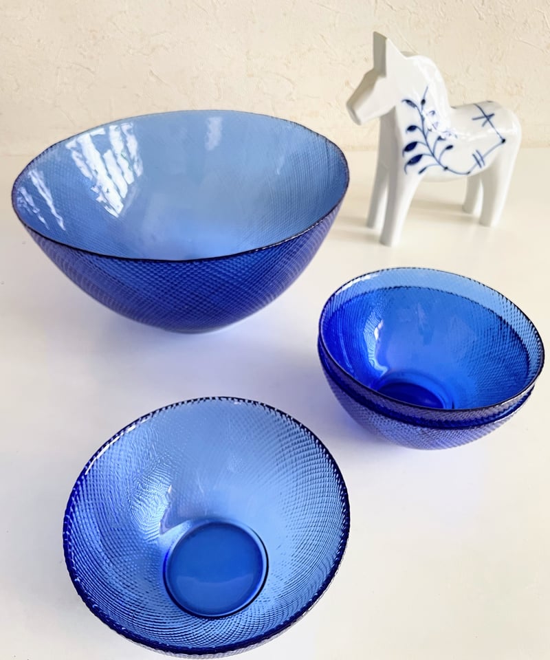 美品】フランス製 arcoroc ガラスボウル 大 格子柄 ブルー | ginyoudo