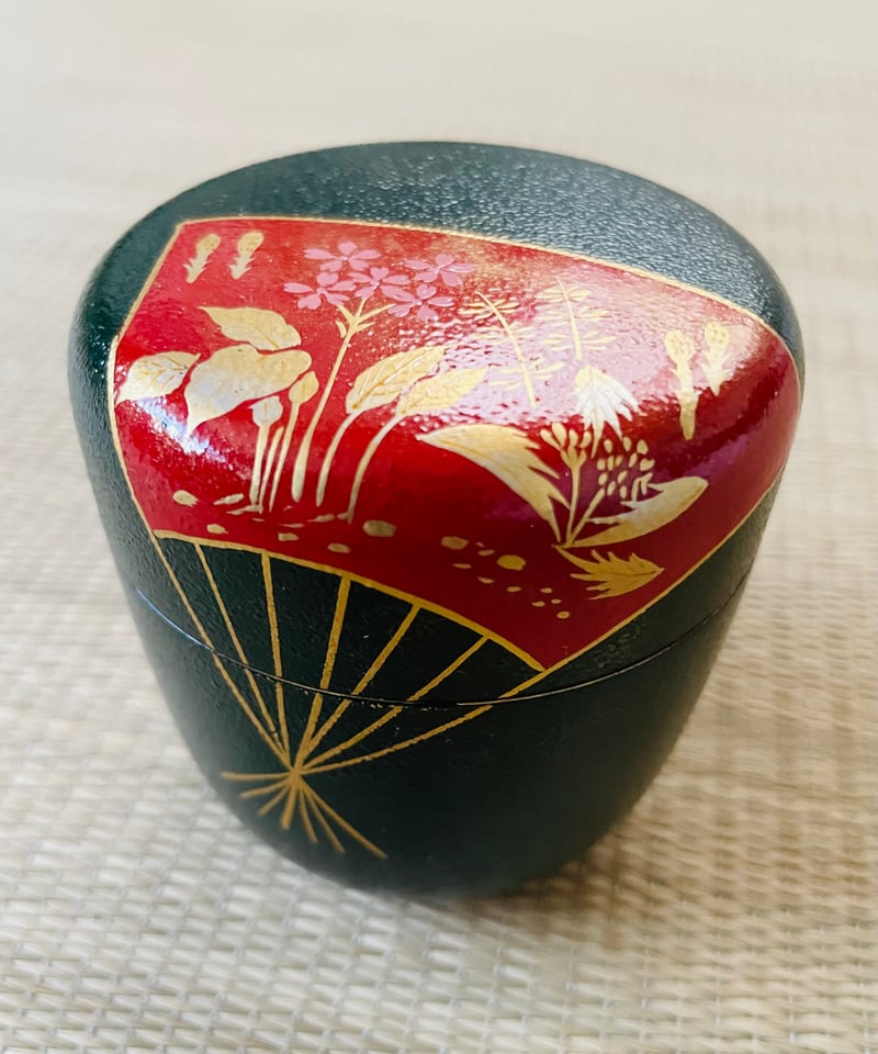 美品】木製 青漆叩漆 中棗 棗 春野 扇面に春の野 緑 | ginyoudo