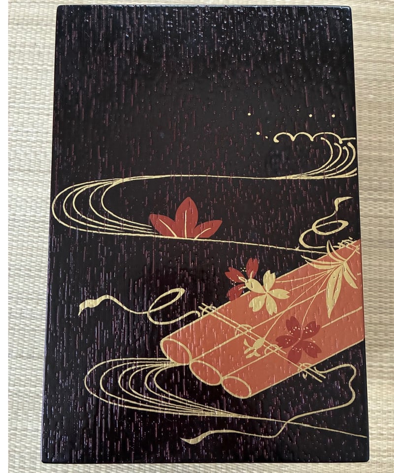 美品】 利休茶箱/茶筅筒平棗セット 花筏に竜田川と銀杏 桐製 茶箱
