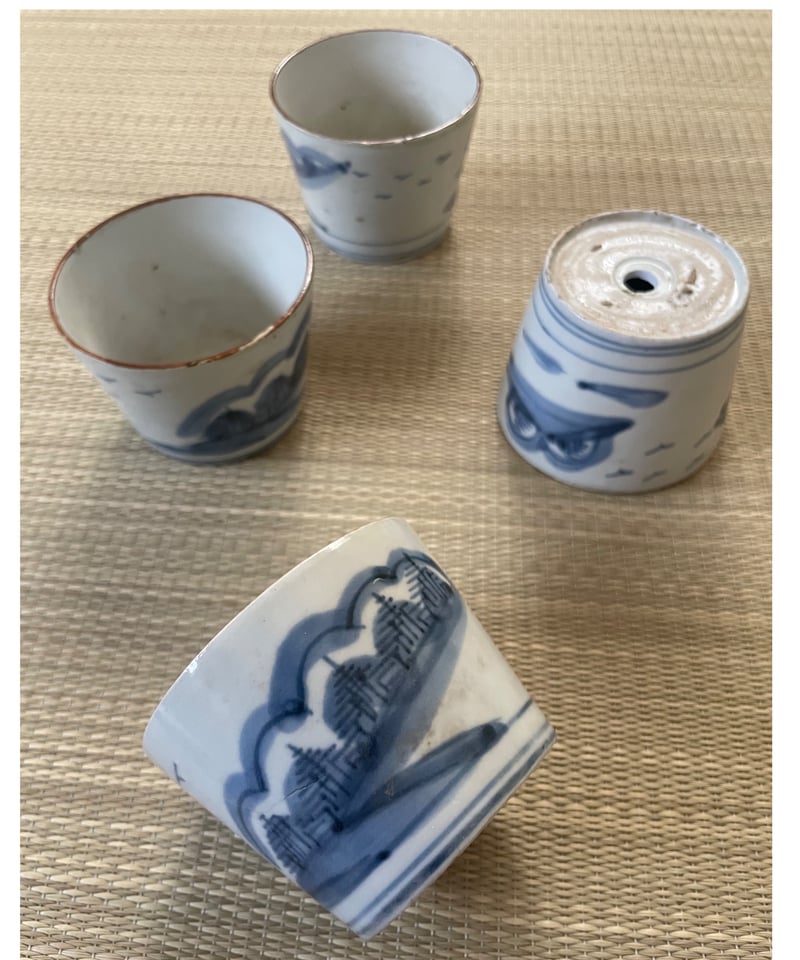 傷有り】江戸後期 染付 手描き 蕎麦猪口 盆栽 植木鉢 山水 松島 風景