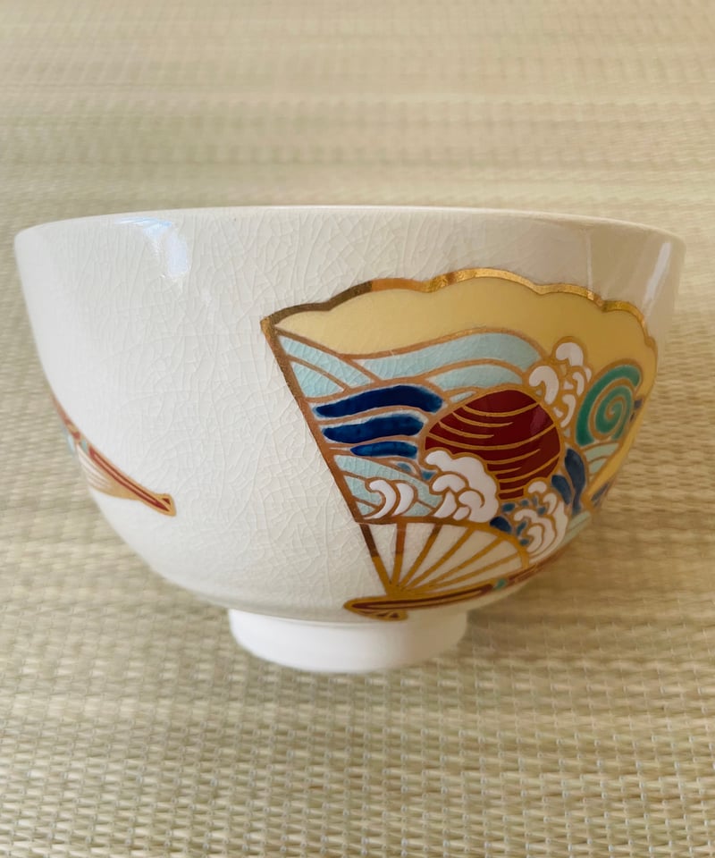 美品】加藤藤山造 在銘 陶印有 扇面貝 立波 桜紅葉 抹茶碗