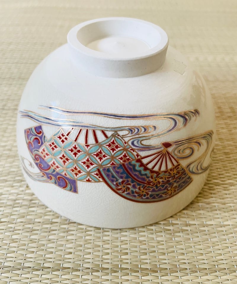 在銘】原平窯 京焼 色絵 茶箱用陶器三点セット 扇面に流水吉祥文様