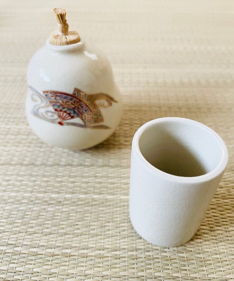在銘】原平窯 京焼 色絵 茶箱用陶器三点セット 扇面に流水吉祥文様