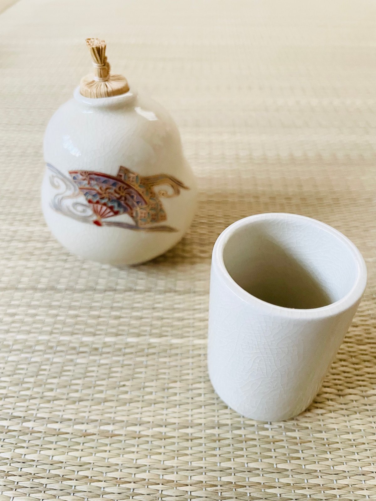 在銘】原平窯 京焼 色絵 茶箱用陶器三点セット 扇面に流水吉祥文様