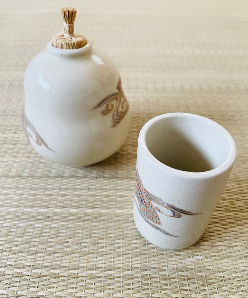在銘】原平窯 京焼 色絵 茶箱用陶器三点セット 扇面に流水吉祥文様