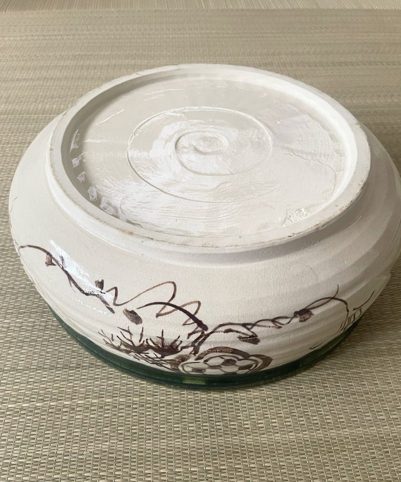 ほぼ未使用 茶道具 加藤五陶造 織部焼 平水指 割蓋 陶印 元箱 美品】加藤五陶造 在銘 織部 割蓋付き 平水指 | ginyoudo