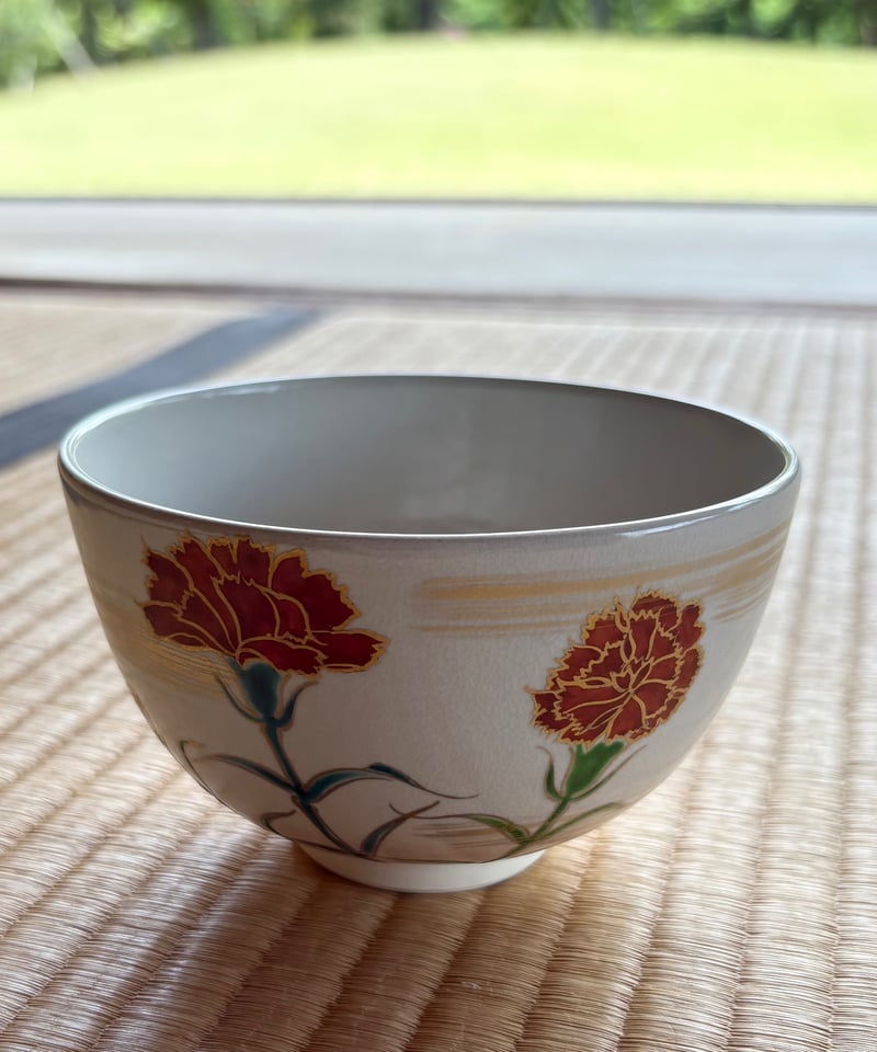 川添寿楽   抹茶椀 美品 在銘】川添寿楽造 カーネーション 母の日 抹茶碗 京焼 色絵