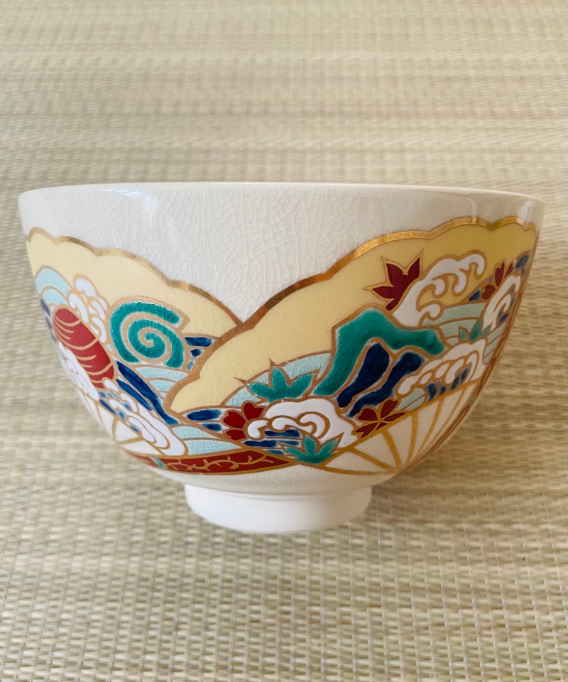 美品】加藤藤山造 在銘 陶印有 扇面貝 立波 桜紅葉 抹茶碗