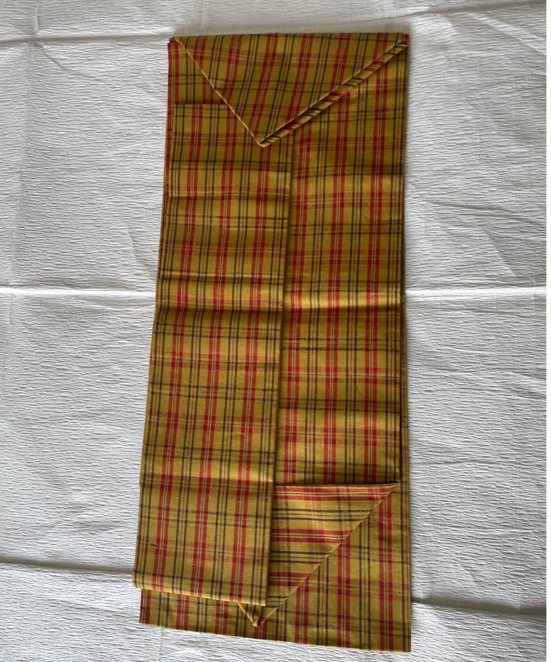 美品】正絹 名古屋帯 節紬 格子紋様 チェック柄 黄色 紬 | ginyoudo