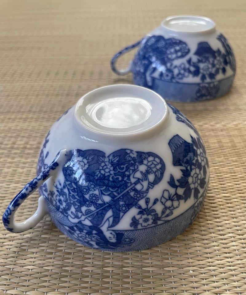 美品 同柄2客セット】日本特製 透かし芸者文様 エッグシェル 卵殻手